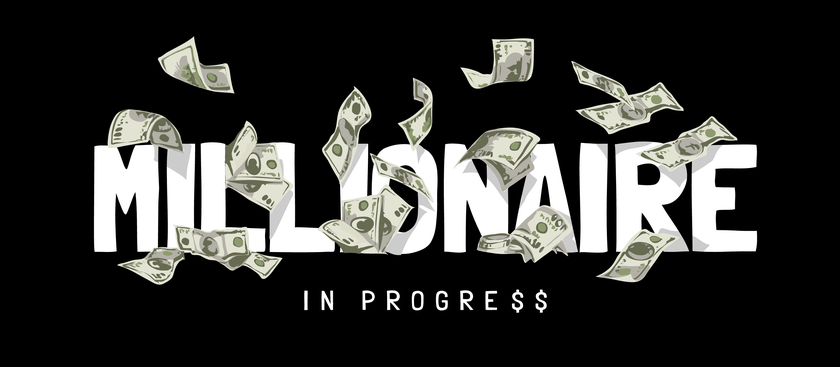 Millionaire in progress with money flying around