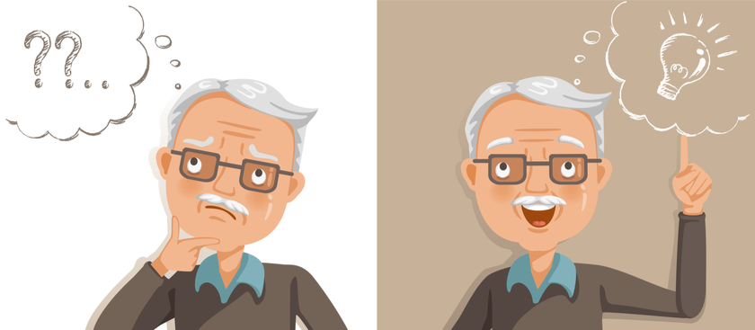 Senior citizen thinking with a thought bubble above his head and then coming up with an idea