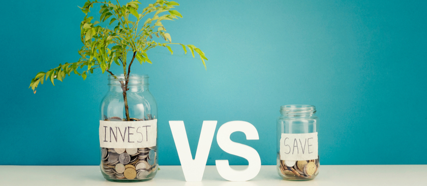 A jar labeled invest with coins and plants growing out of it VS a smaller jar labeled save with fewer coins in it