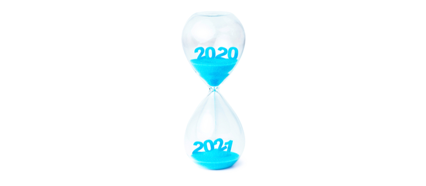 Hour glass with 2020 in the top and 2021 in the bottom