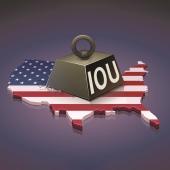 United States outline map with a weight saying "IOU" on it