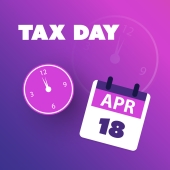 Calendar with the date April 18th on it saying it's tax day with a clock next to it
