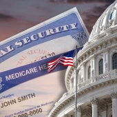 U.S . Capital building with the American flag flying and social security card and medicare health card in the backdrop